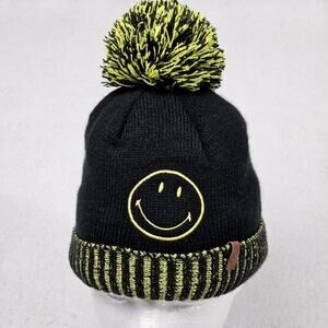 Smiley Face Beanie Hat Black Yellow Pom Pom Fleece Lined Pudus Knit Ski Cap